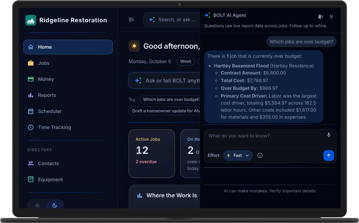 BOLT AI on a laptop: asked which jobs are over budget, it answers from the job costs that one is: the Hartley Basement Flood job, $966.97 over its $6,800.00 contract