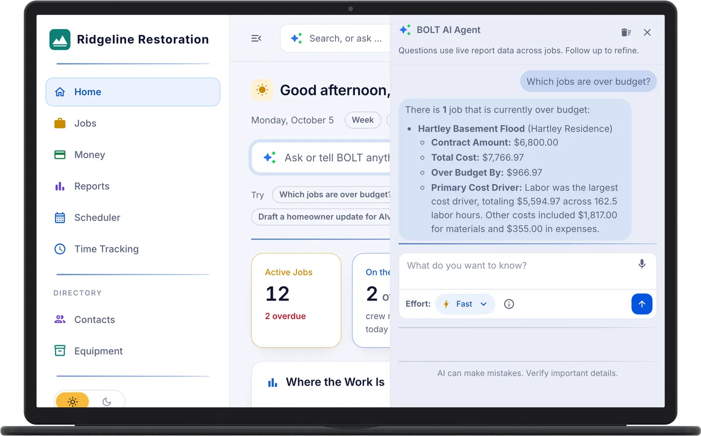 BOLT AI on a laptop: asked which jobs are over budget, it answers from the job costs that one is: the Hartley Basement Flood job, $966.97 over its $6,800.00 contract