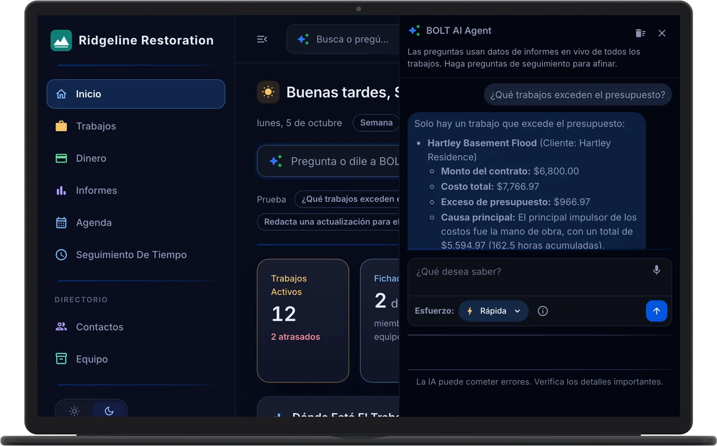 BOLT AI on a laptop: asked which jobs are over budget, it answers from the job costs that one is: the Hartley Basement Flood job, $966.97 over its $6,800.00 contract