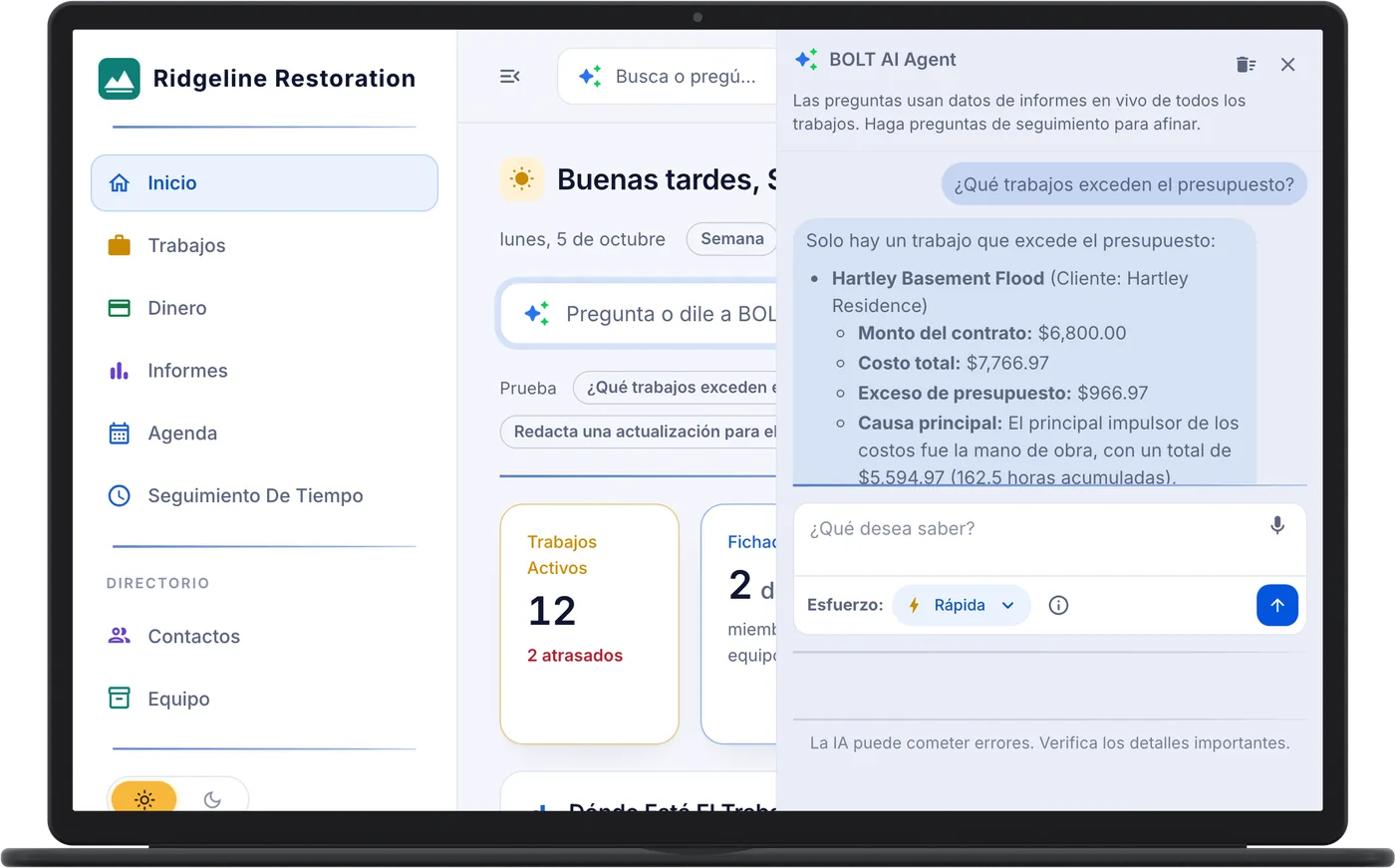 BOLT AI on a laptop: asked which jobs are over budget, it answers from the job costs that one is: the Hartley Basement Flood job, $966.97 over its $6,800.00 contract