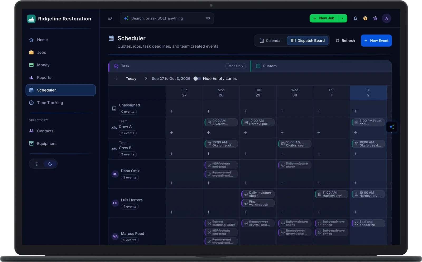 The Scheduler dispatch board on a laptop: a lane for each crew and each tech across the week, with dispatch events and task deadlines
