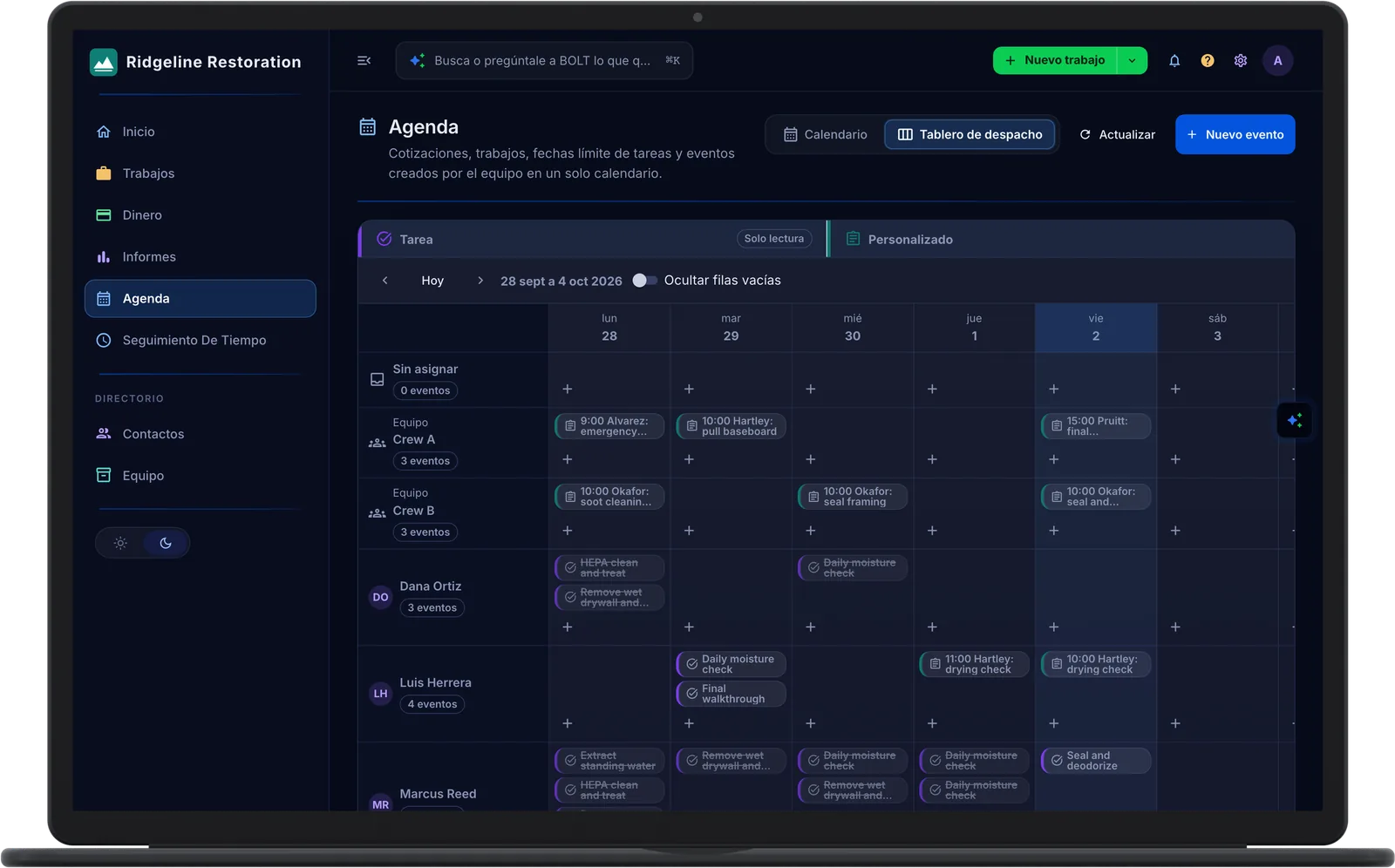 The Scheduler dispatch board on a laptop: a lane for each crew and each tech across the week, with dispatch events and task deadlines