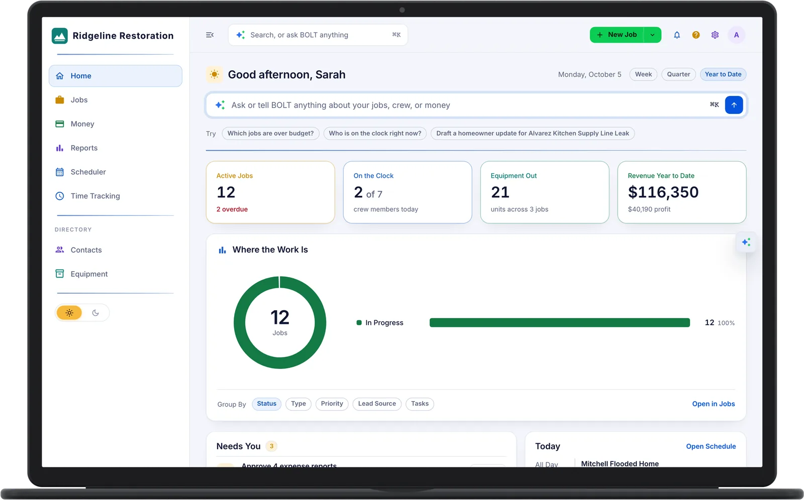 BOLT XLR Home on a laptop: 12 active jobs, 2 of 7 crew members on the clock, 21 units of equipment out, and revenue for the year with its profit
