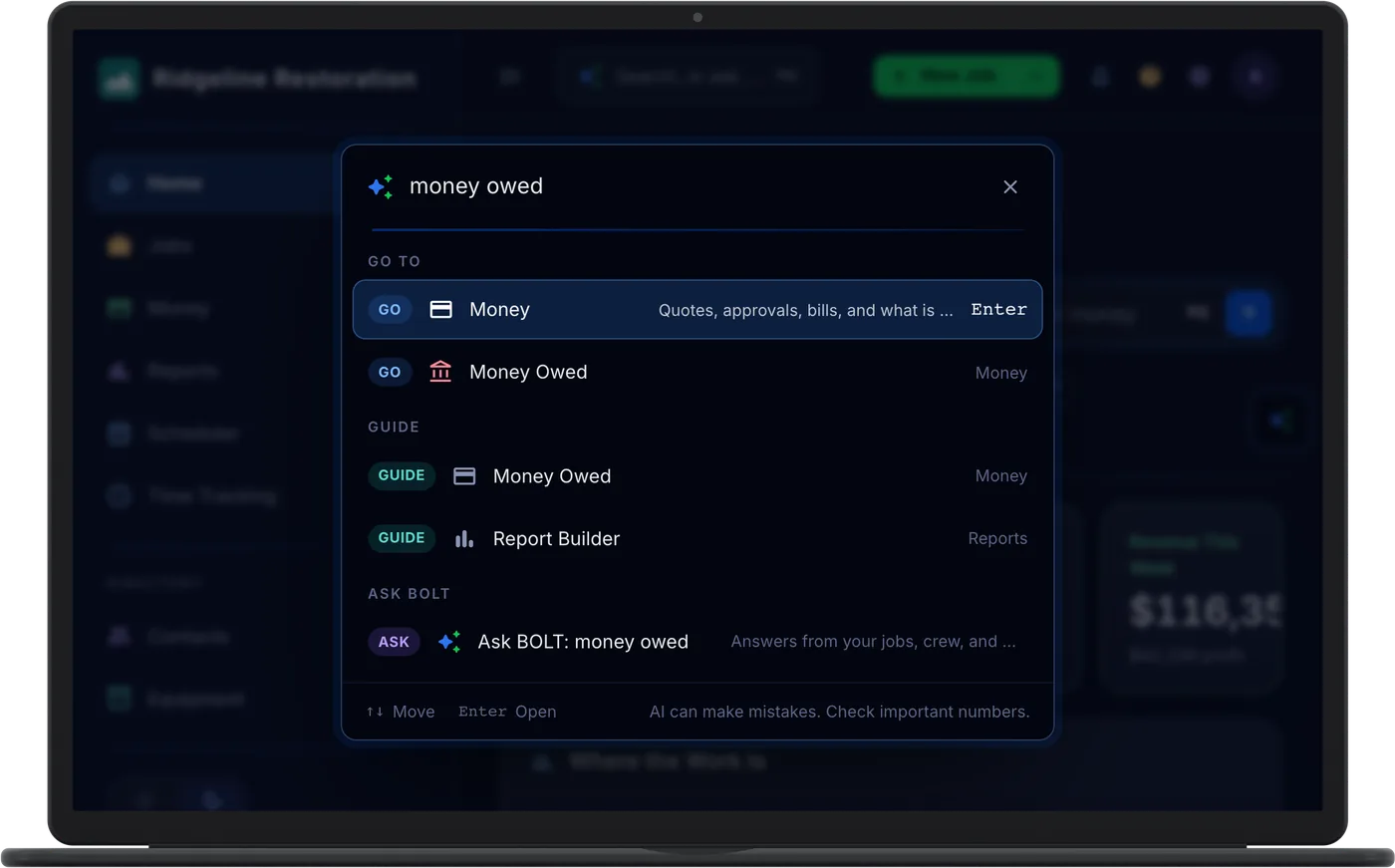 The Cmd+K box on a laptop: typing "money owed" lists the pages to go to, matching guide topics, and an Ask BOLT row