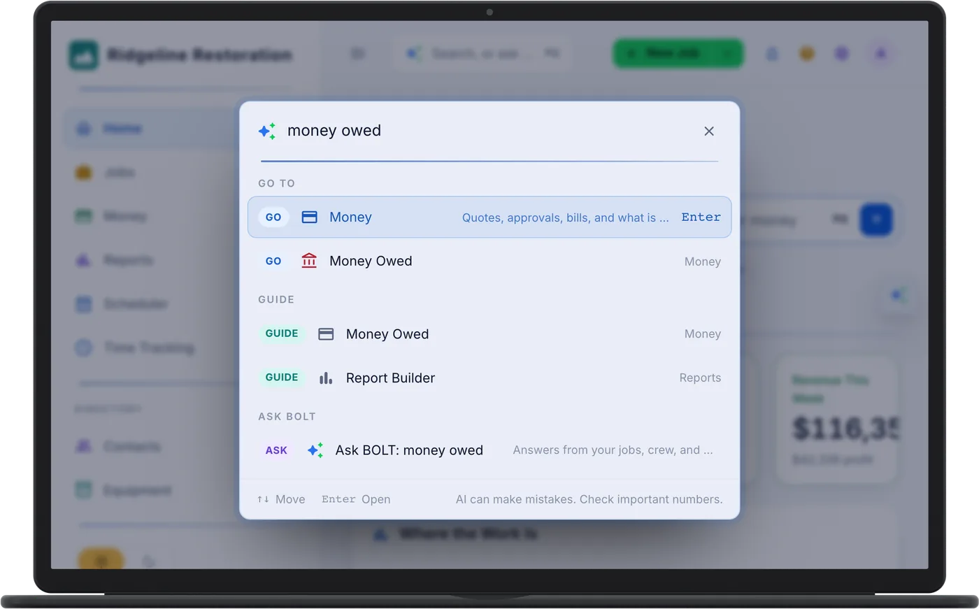The Cmd+K box on a laptop: typing "money owed" lists the pages to go to, matching guide topics, and an Ask BOLT row