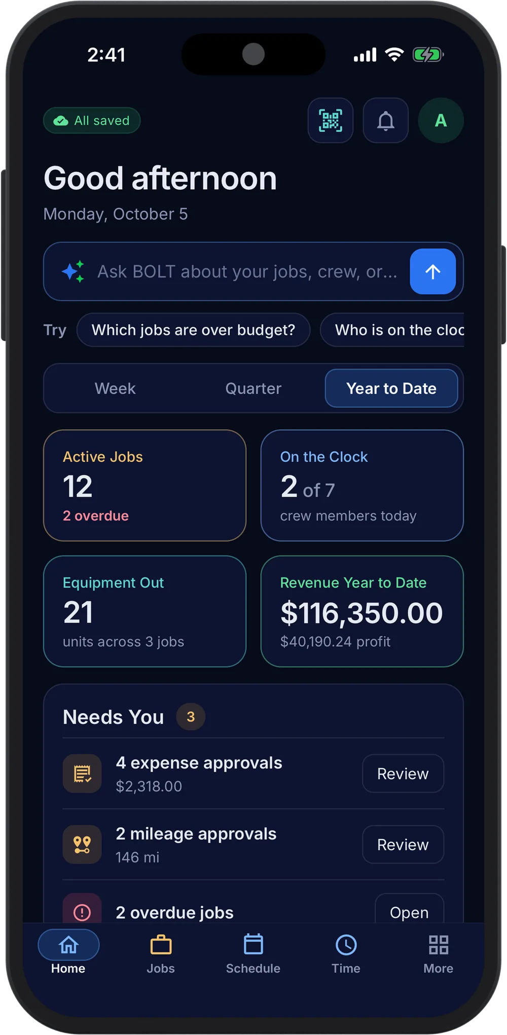 BOLT XLR Home on a phone: active jobs, crew on the clock, equipment out, revenue with its profit, and the approvals waiting
