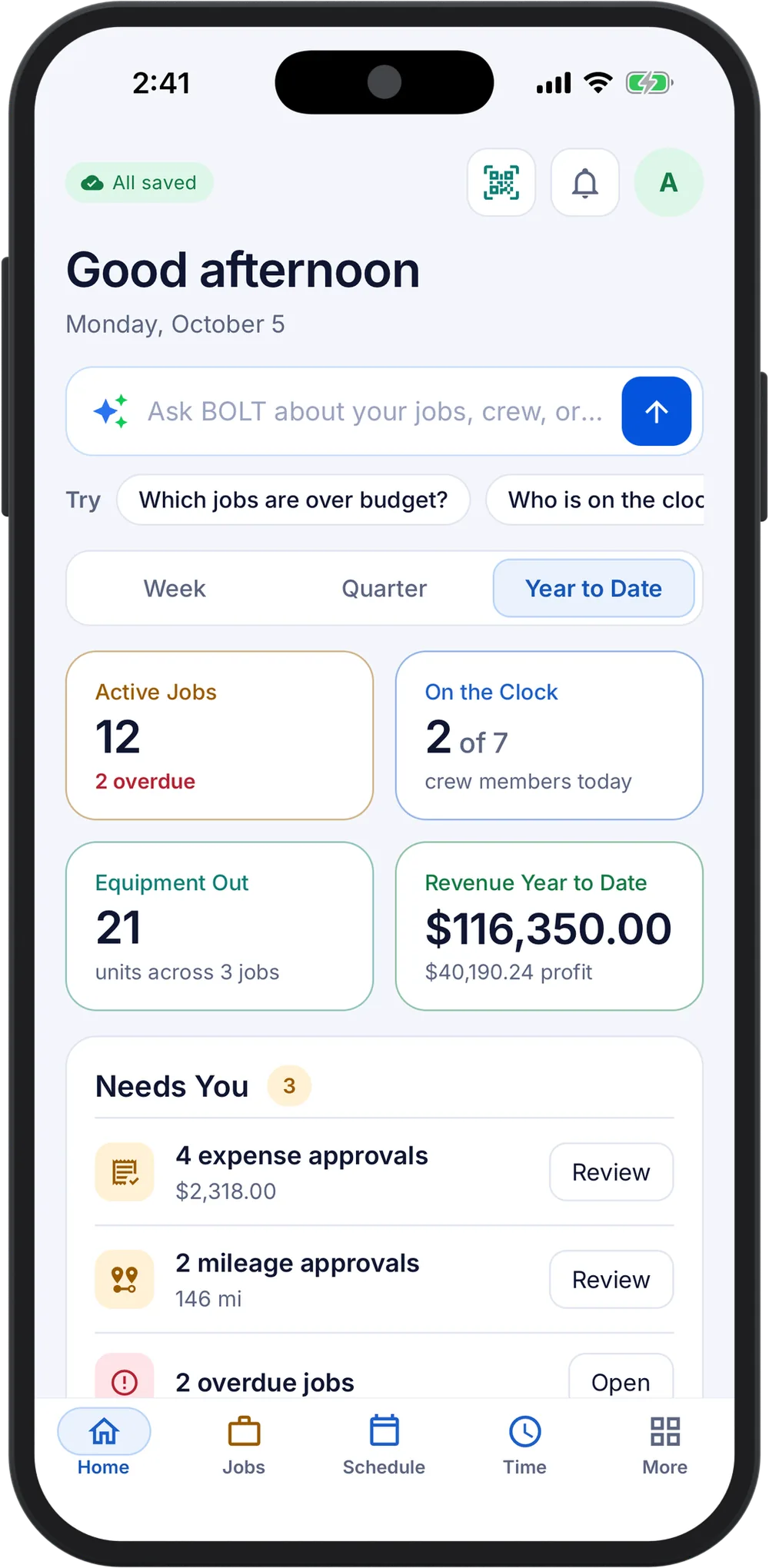 BOLT XLR Home on a phone: active jobs, crew on the clock, equipment out, revenue with its profit, and the approvals waiting