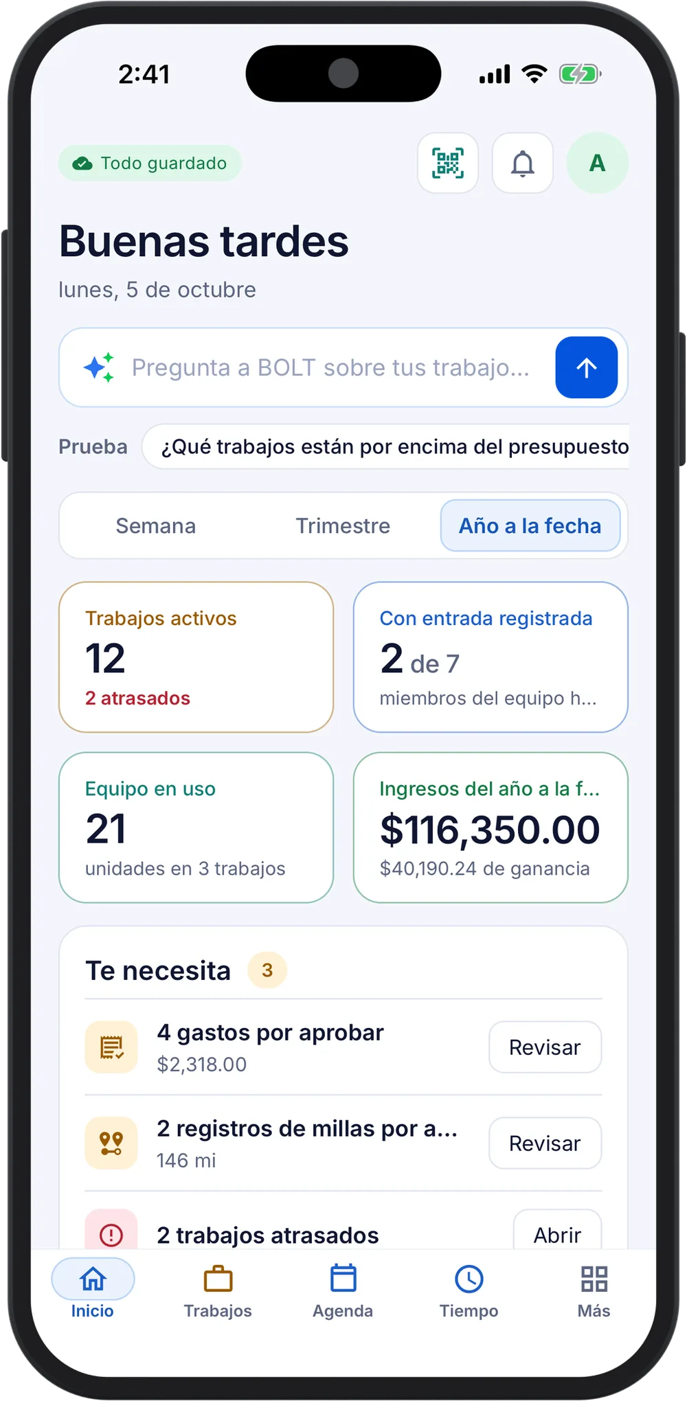 BOLT XLR Home on a phone: active jobs, crew on the clock, equipment out, revenue with its profit, and the approvals waiting