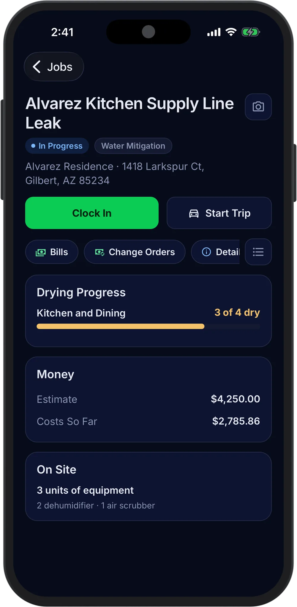 The Alvarez job on a phone: Clock In, Start Trip, Drying Progress at 3 of 4 dry, the estimate against costs so far, and the equipment on site