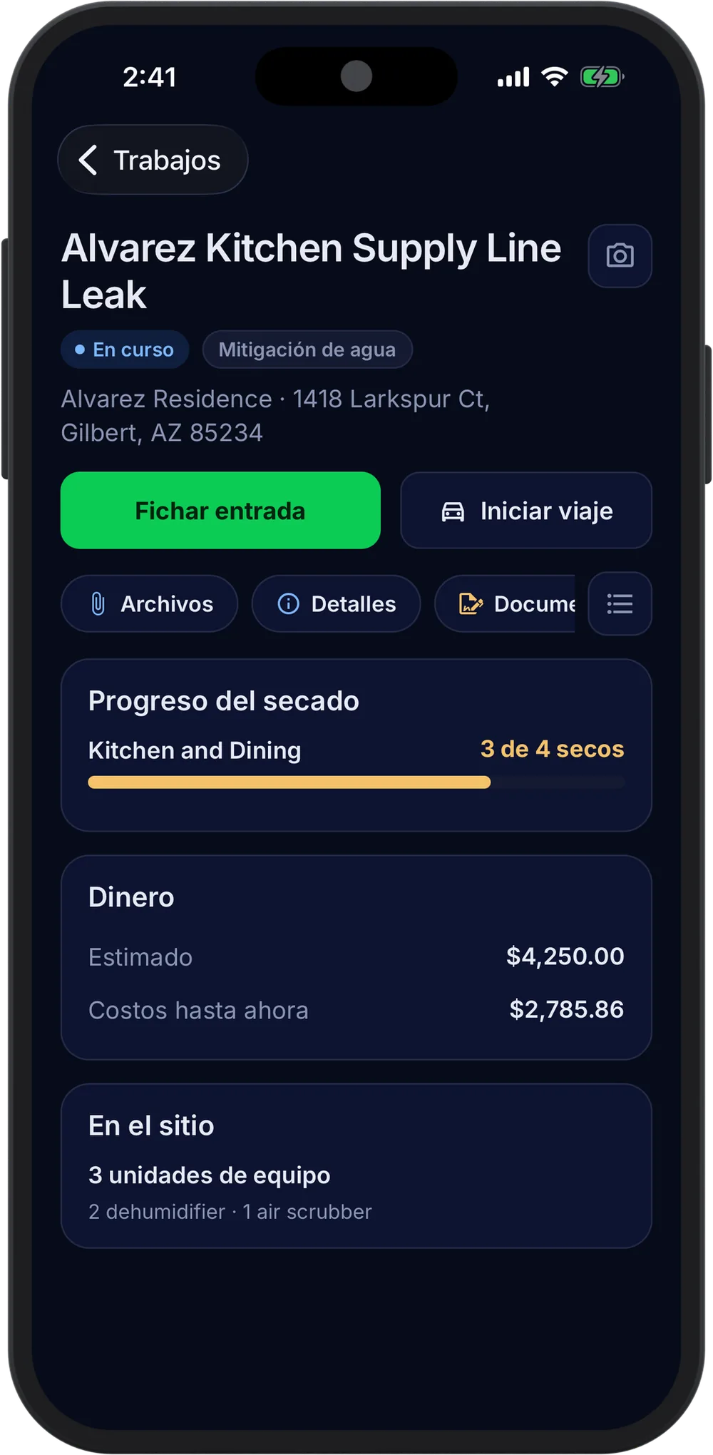The Alvarez job on a phone: Clock In, Start Trip, Drying Progress at 3 of 4 dry, the estimate against costs so far, and the equipment on site