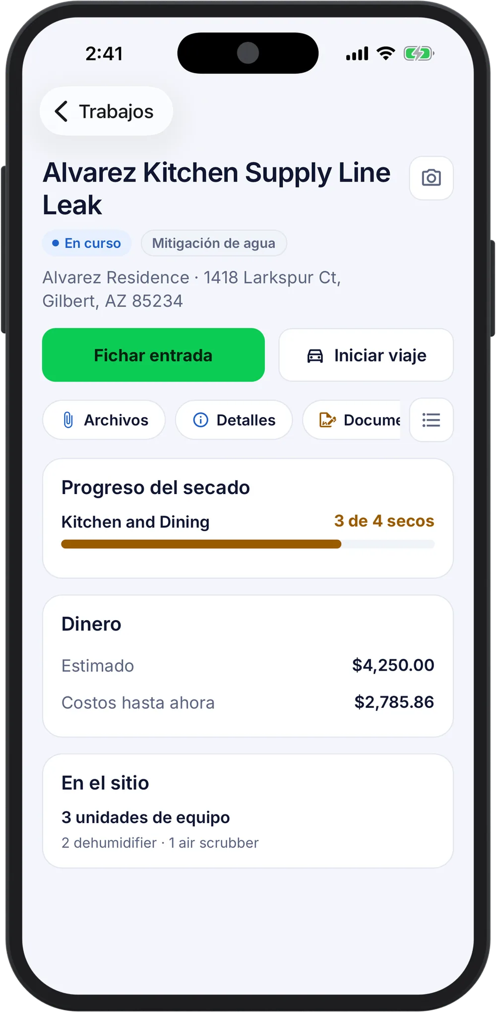 The Alvarez job on a phone: Clock In, Start Trip, Drying Progress at 3 of 4 dry, the estimate against costs so far, and the equipment on site