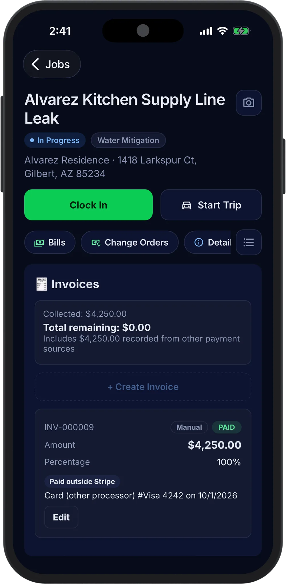The Alvarez job invoice on a phone: $4,250.00 paid by card, with nothing remaining