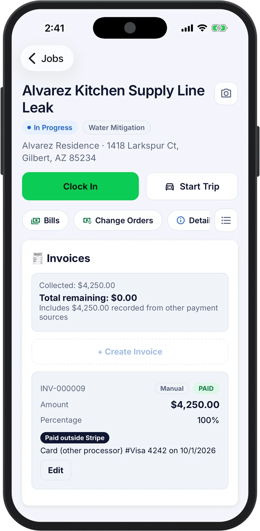 The Alvarez job invoice on a phone: $4,250.00 paid by card, with nothing remaining