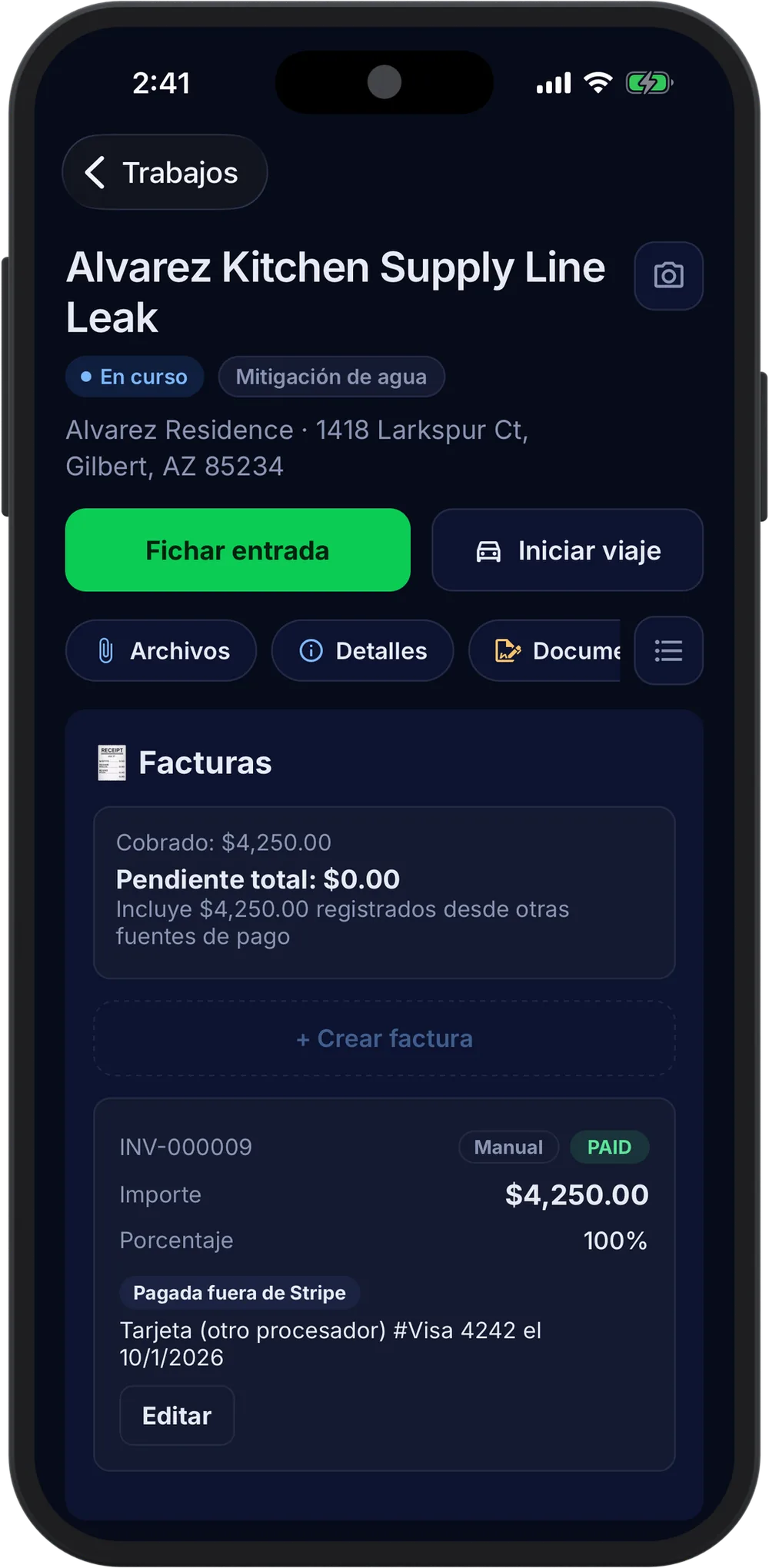 The Alvarez job invoice on a phone: $4,250.00 paid by card, with nothing remaining