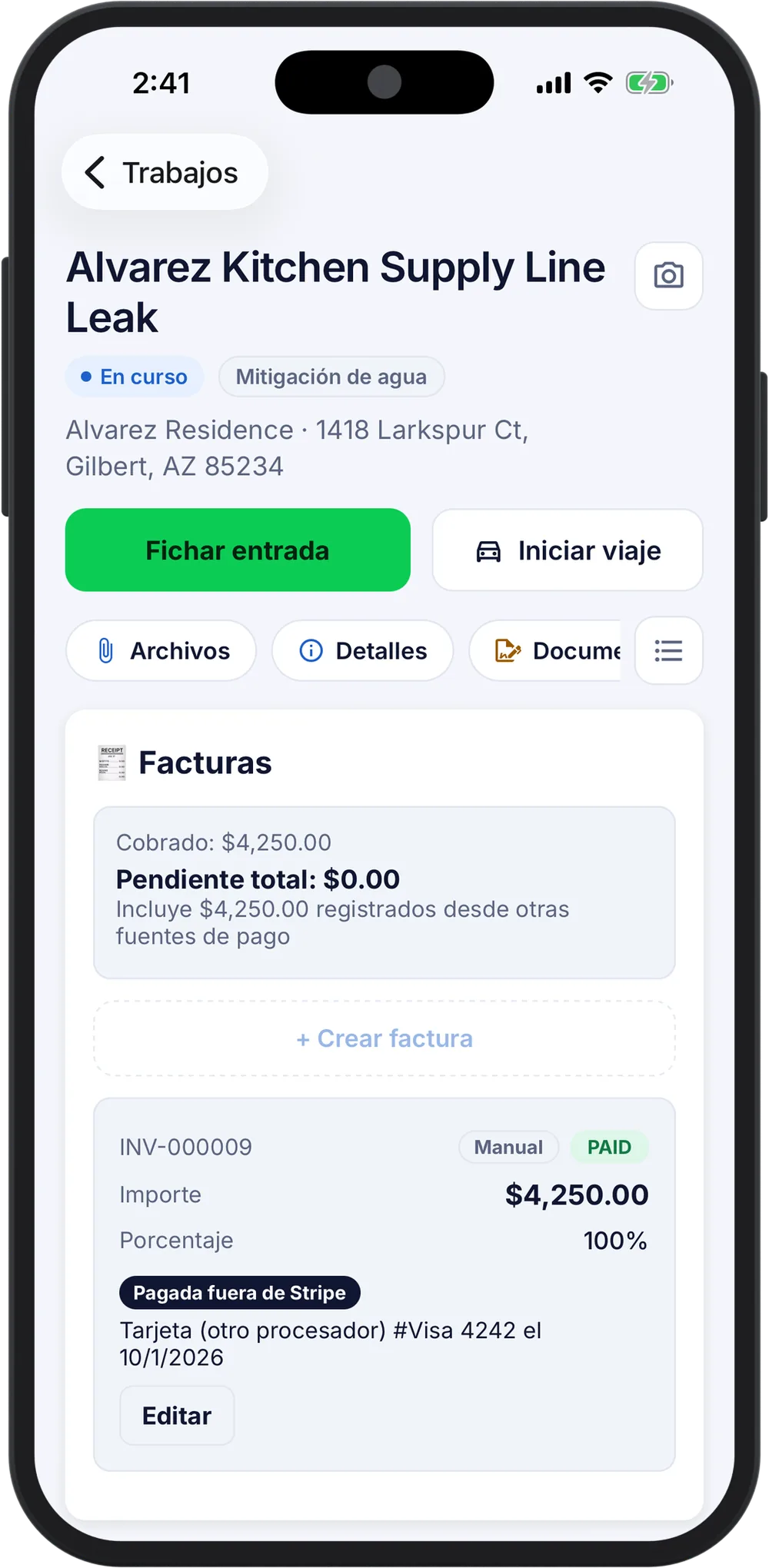 The Alvarez job invoice on a phone: $4,250.00 paid by card, with nothing remaining